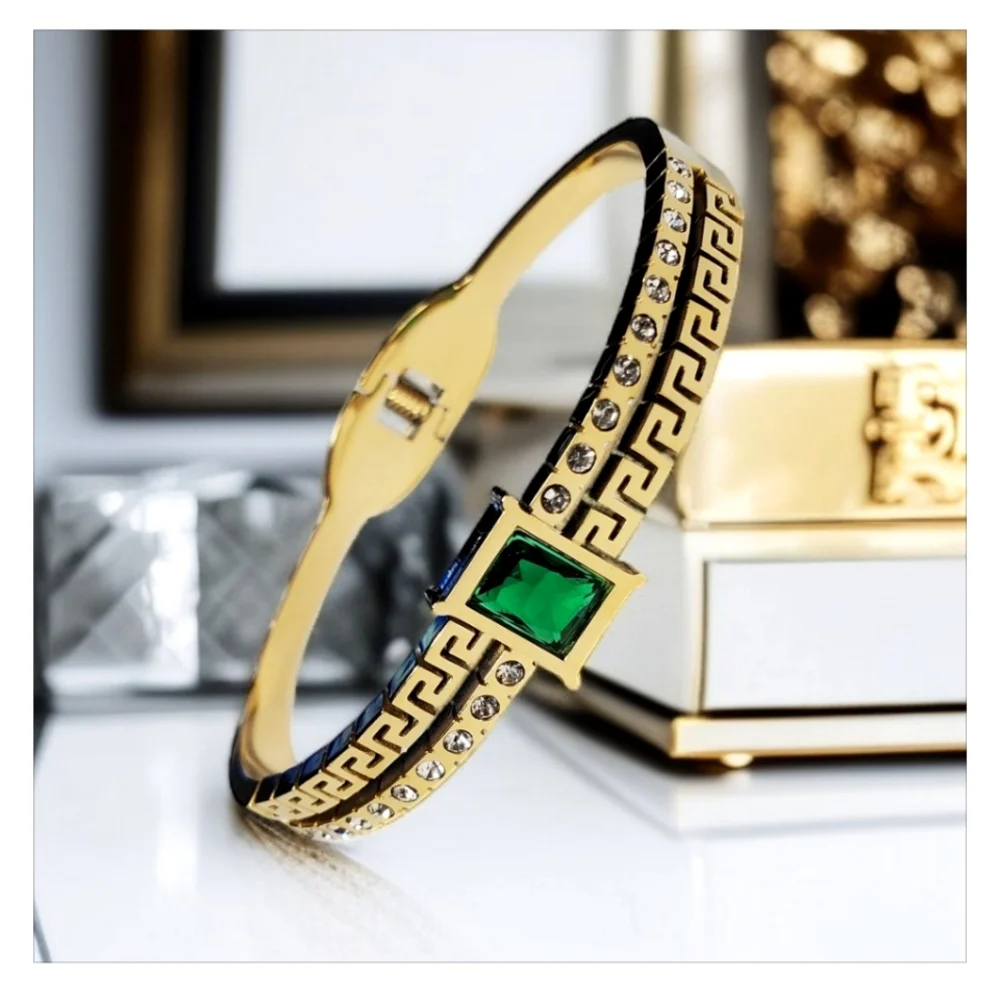 Gold Greek Key Zircon Emerald Crystal Plated